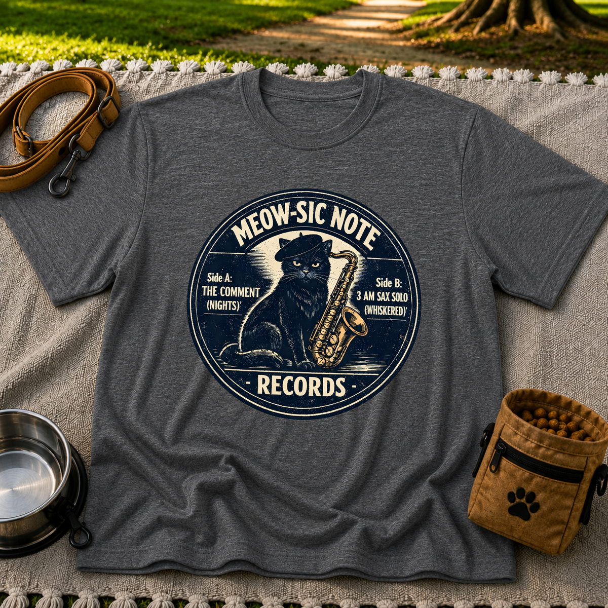 Dark Heather Grey T-shirt mockup featuring black cat beside a saxophone on a round Meow-sic Note Records label.