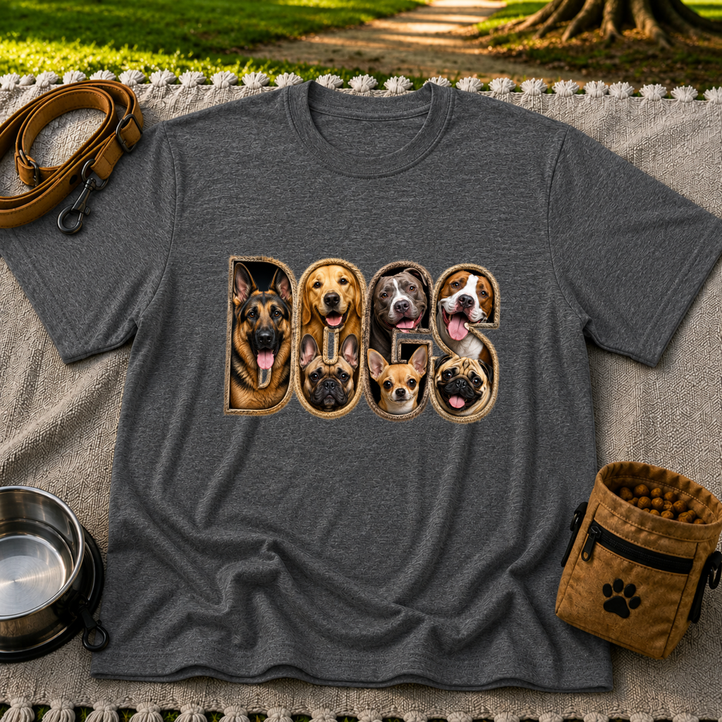 Dogs Dogs Dogs Dog Lover design on a Dark Heather Grey T-shirt.