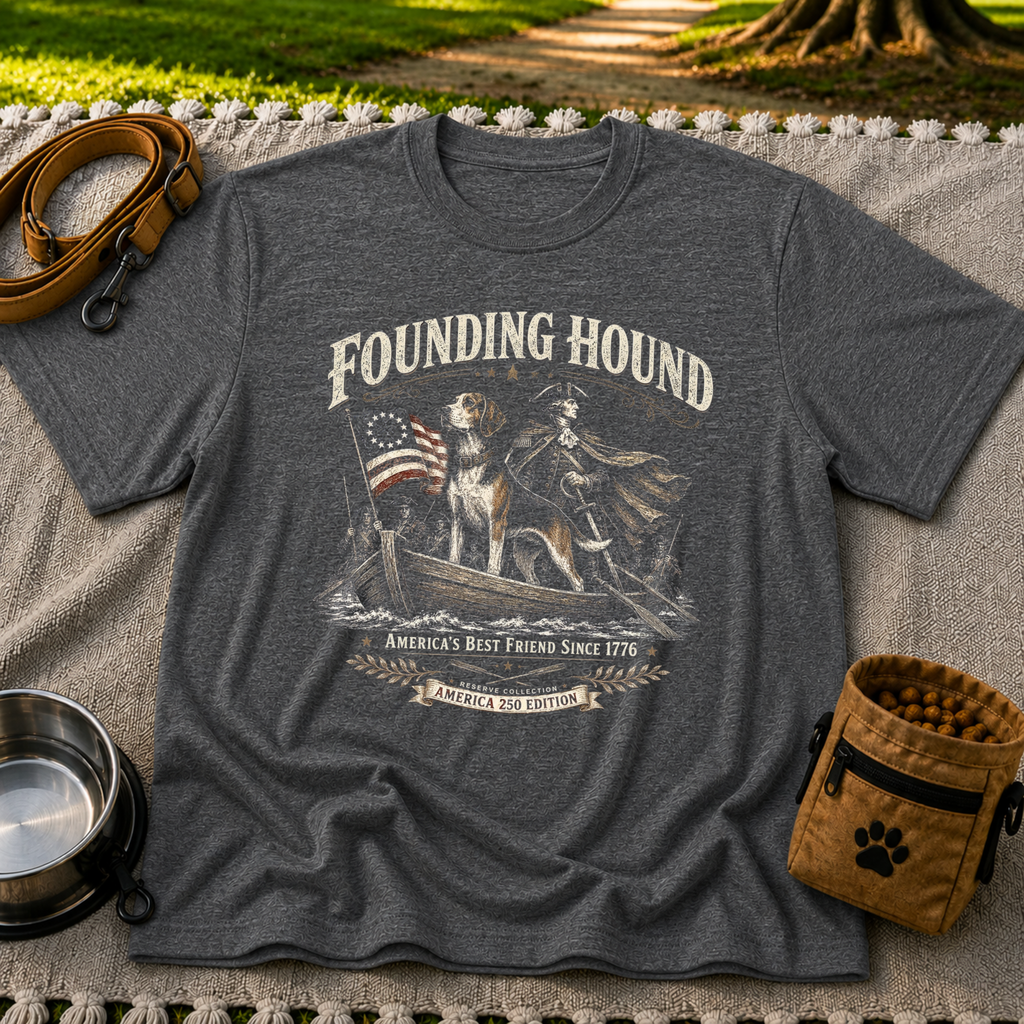 a founding-era American scene with hounds and patriotic details. On a Dark Heather Grey T-shirt.