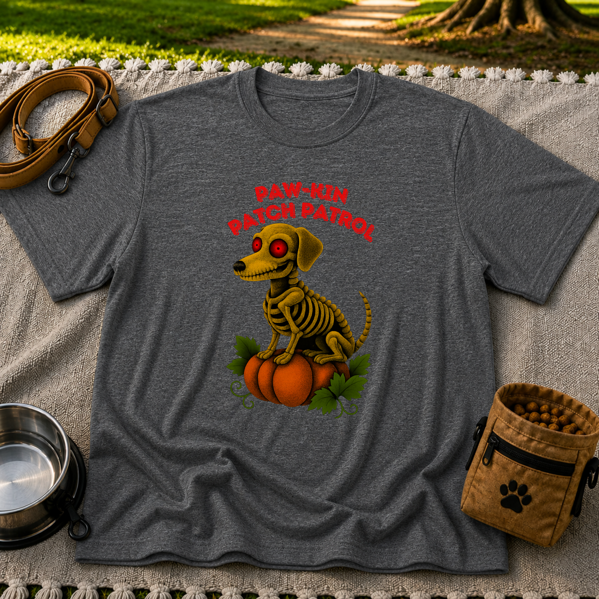 Paw-kin Patch Patrol Dachshund Halloween Dog design on a Dark Heather Grey T-shirt.