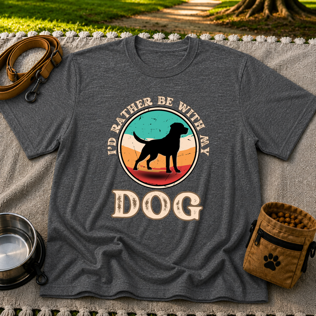 I’d Rather Be With My Dog artwork on a Dark Heather Grey T-shirt.