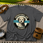 Dark Heather Grey T-shirt mockup featuring shaggy dog portrait on a record label with playful track names.