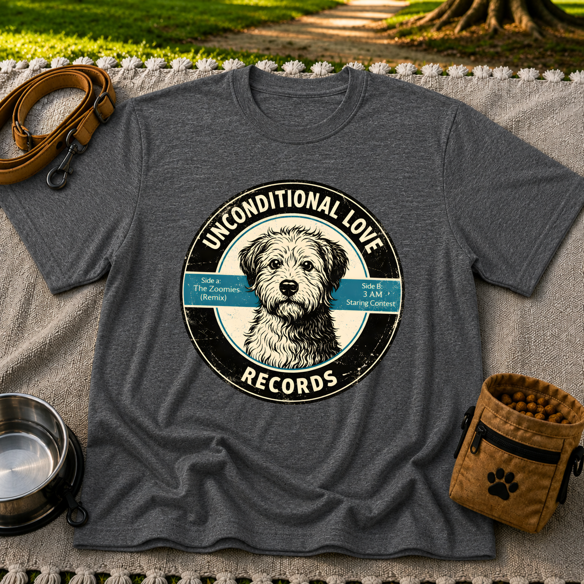 Dark Heather Grey T-shirt mockup featuring shaggy dog portrait on a record label with playful track names.