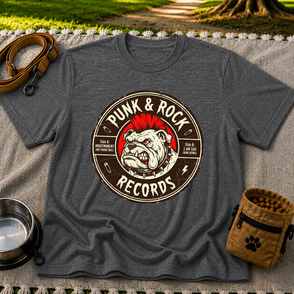Punk & Rock Bulldog Records design on a Dark Heather Grey T-shirt.