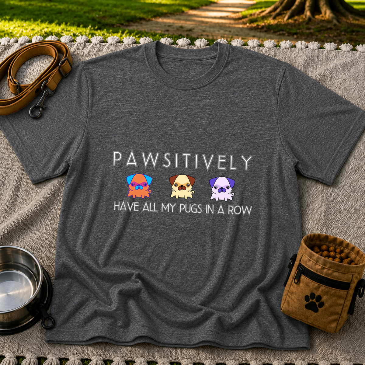 a row of three pugs beneath “Pawsitively all my pugs in a row”. On a Dark Heather Grey T-shirt.