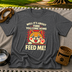 Shiba Inu Feed Me artwork on a Dark Heather Grey T-shirt.
