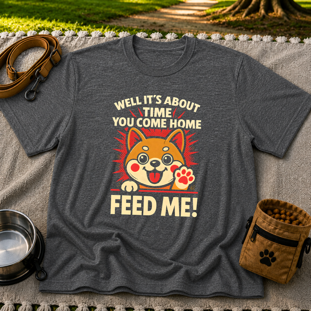 Shiba Inu Feed Me artwork on a Dark Heather Grey T-shirt.