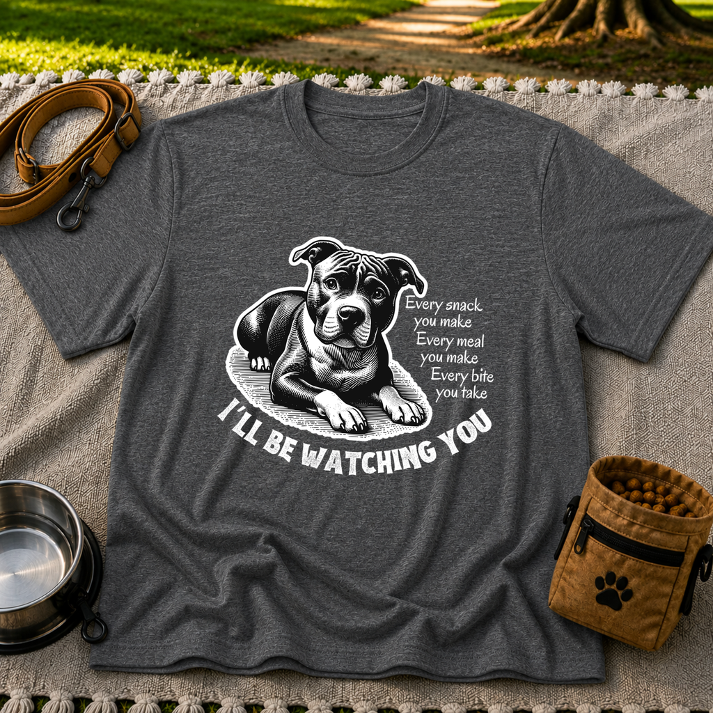 a watchful dog paired with a line about keeping an eye on you. On a Dark Heather Grey T-shirt.