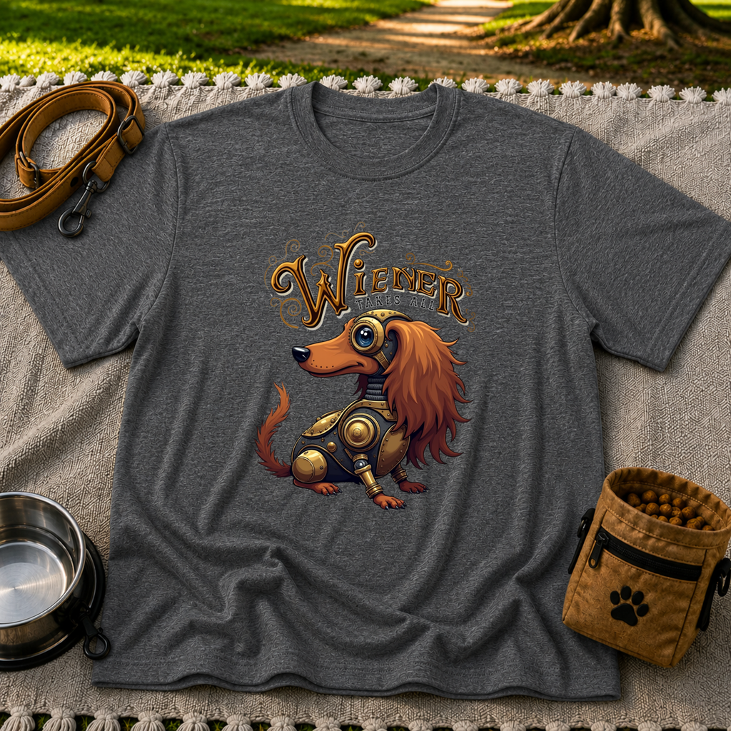 Wiener Takes All Steampunk Dachshund design on a Dark Heather Grey T-shirt.