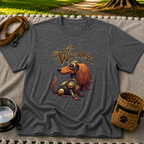 Wiener Takes All Steampunk Dachshund design on a Dark Heather Grey T-shirt.