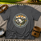 Dark Heather Grey T-shirt mockup featuring compass rose framing a hiker and dog on a mountain trail.