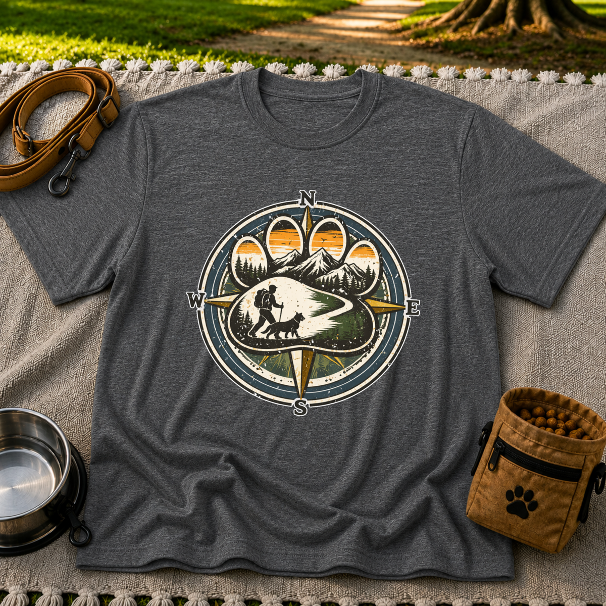 Dark Heather Grey T-shirt mockup featuring compass rose framing a hiker and dog on a mountain trail.