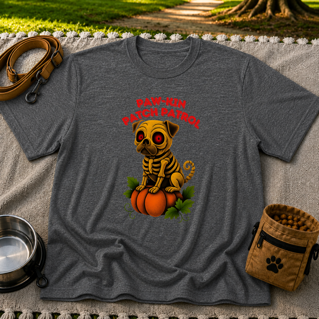 Paw-kin Patch Patrol Pug Halloween Dog Lover design on a Dark Heather Grey T-shirt.