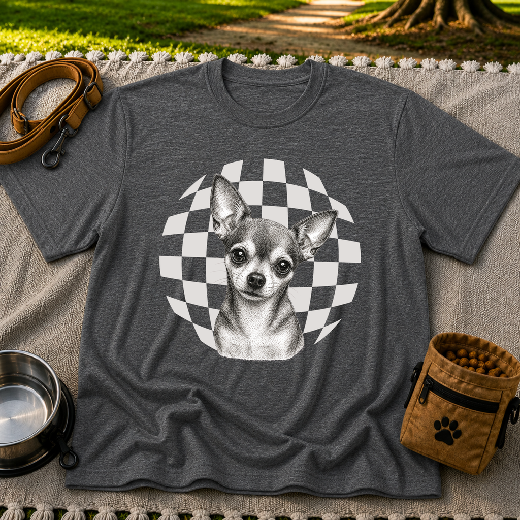 Sweet Chihuahua Portrait artwork on a Dark Heather Grey T-shirt.