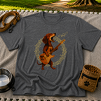 Rockin’ Dachshund Guitar artwork on a Dark Heather Grey T-shirt.