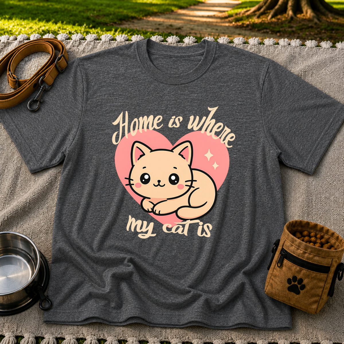 Dark Heather Grey T-shirt mockup featuring kawaii cat resting inside a pink heart with Home Is Where My Cat Is lettering.