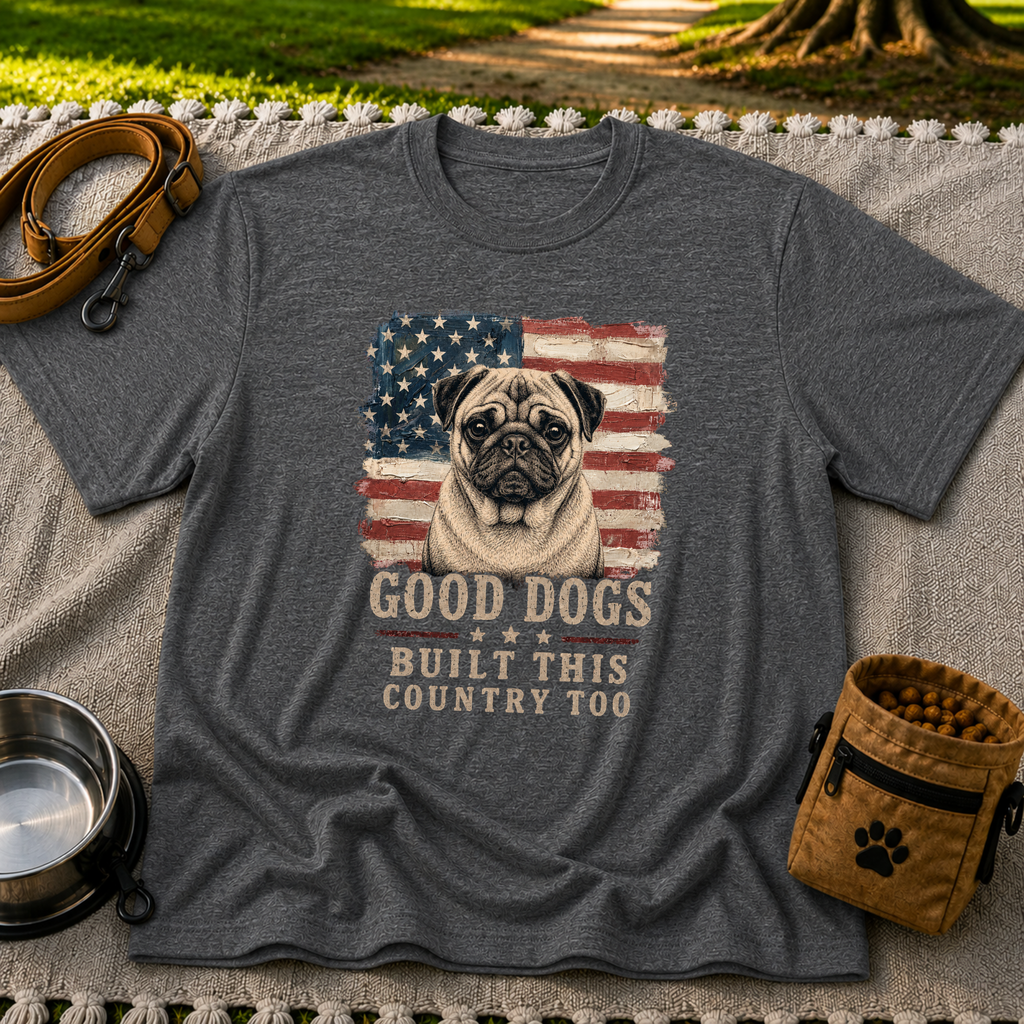 Dark Heather Grey T-shirt mockup featuring pug portrait against a distressed American flag with patriotic lettering.