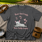 Dark Heather Grey T-shirt mockup featuring reclining French Bulldog surrounded by pink hearts and the Pretty Hearts joke.