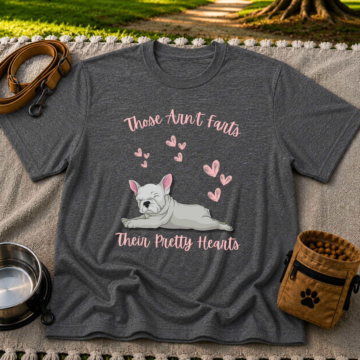 Dark Heather Grey T-shirt mockup featuring reclining French Bulldog surrounded by pink hearts and the Pretty Hearts joke.