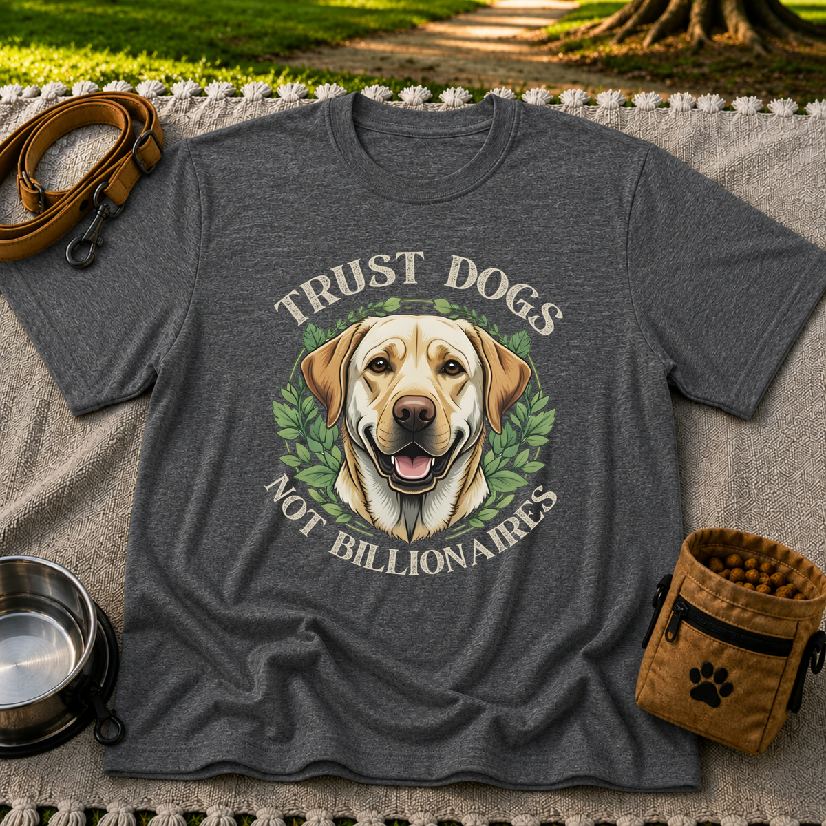 a Labrador portrait framed by “Trust Dogs Not Billionaires”. On a Dark Heather Grey T-shirt.