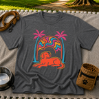 Psychedelic Dog Palm Trees design on a Dark Heather Grey T-shirt.