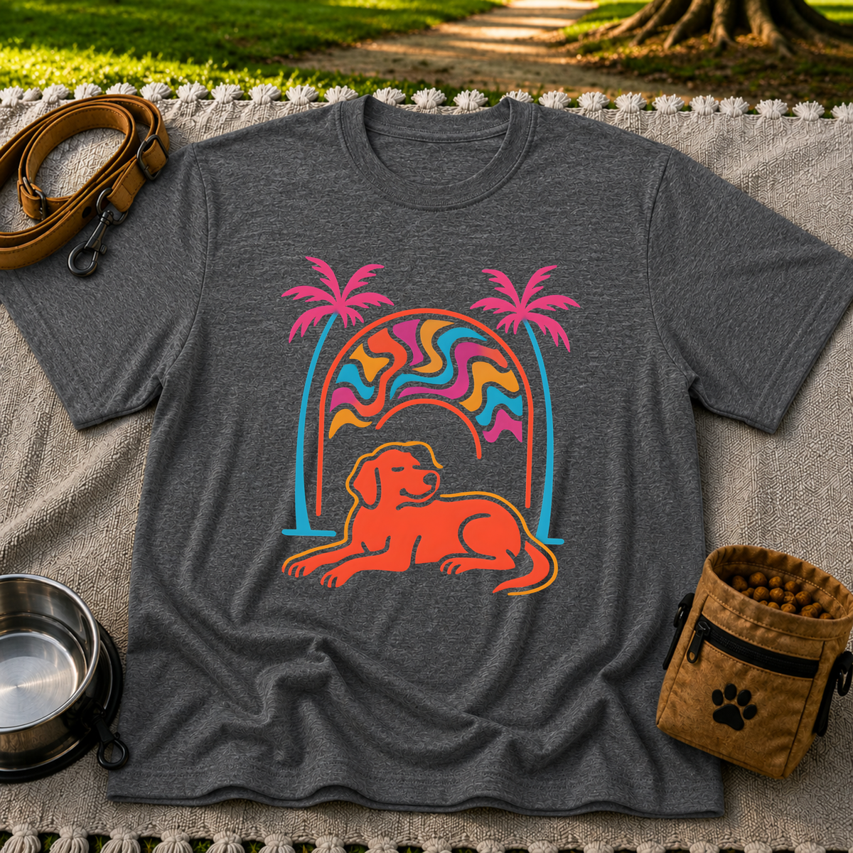 Psychedelic Dog Palm Trees design on a Dark Heather Grey T-shirt.