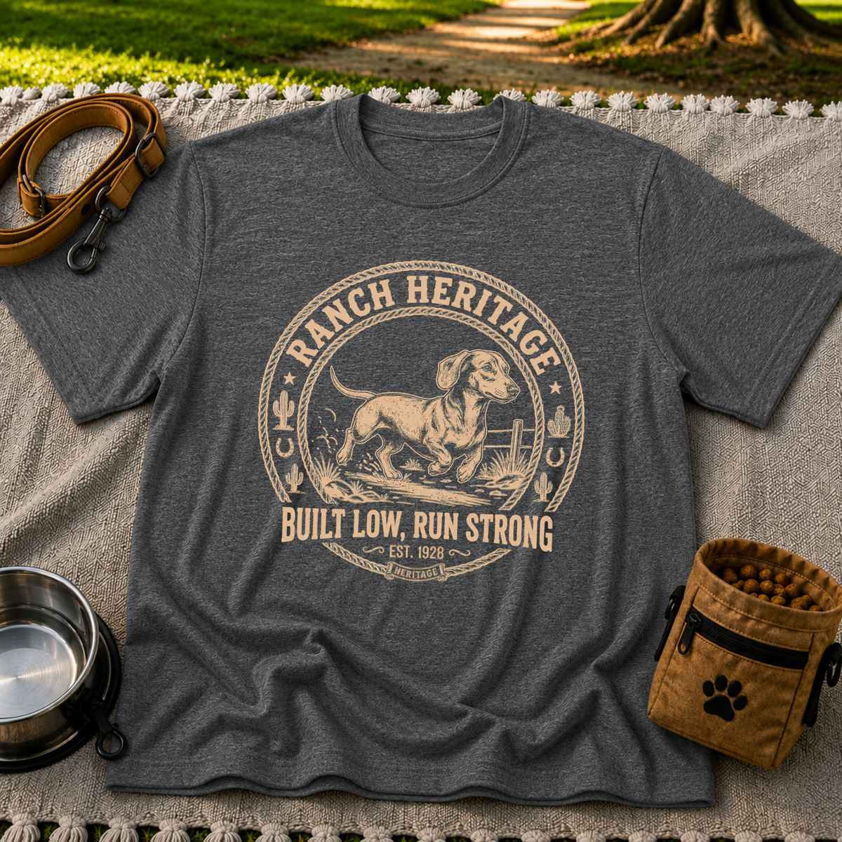 a Dachshund running inside a “Ranch Heritage” western emblem. On a Dark Heather Grey T-shirt.
