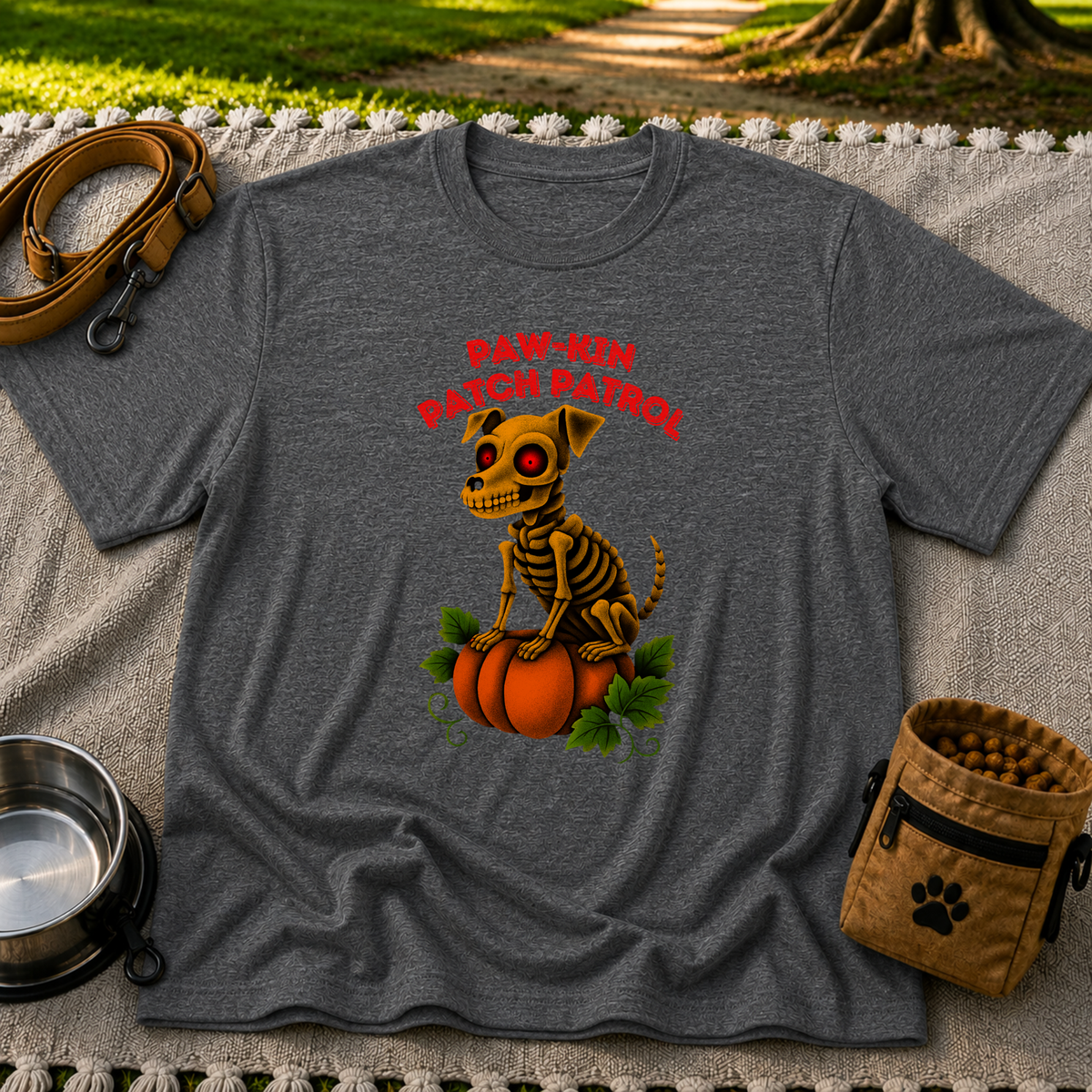 Paw-kin Patch Patrol Skeleton Dog Halloween design on a Dark Heather Grey T-shirt.