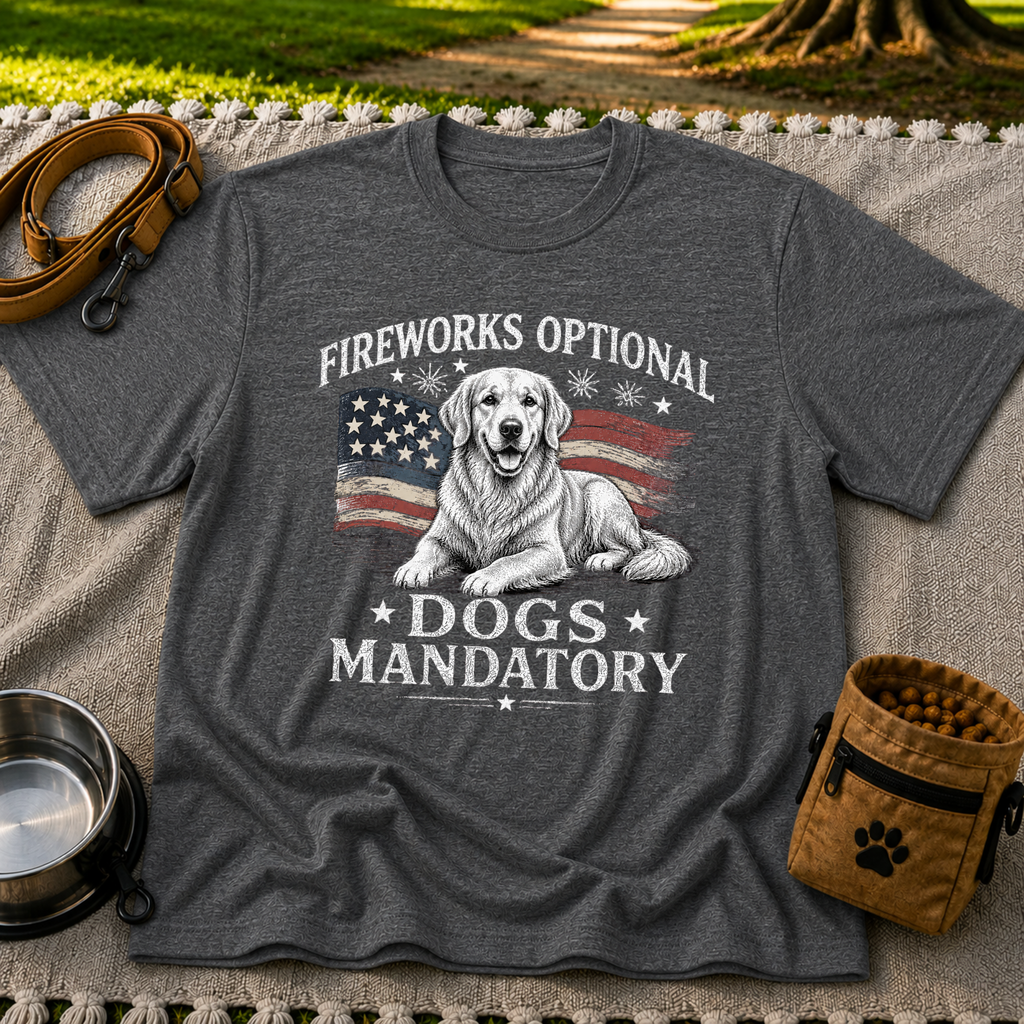 a Golden Retriever beside “Fireworks optional, dogs mandatory”. On a Dark Heather Grey T-shirt.