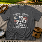 a pit bull beside “Fireworks optional, dogs mandatory”. On a Dark Heather Grey T-shirt.