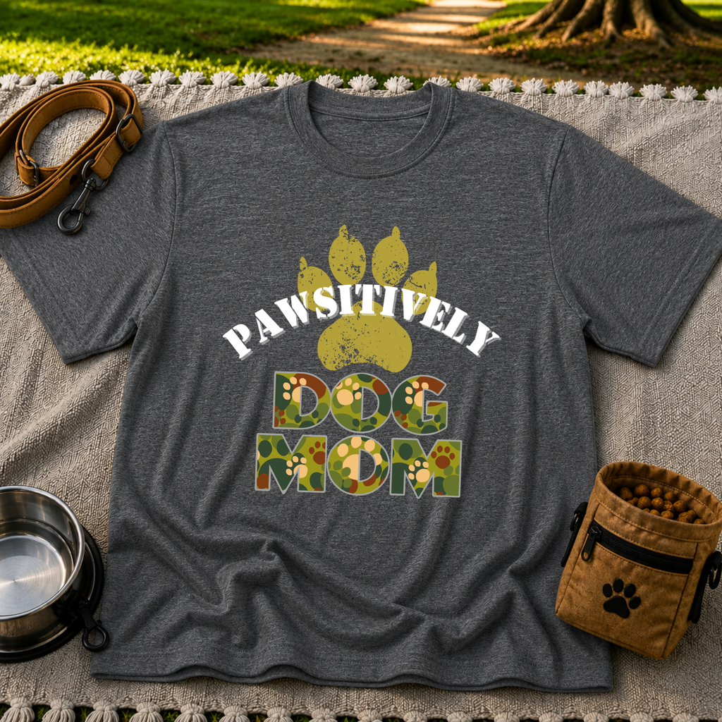 “Pawsitively Dog Mom” lettering in a camouflage treatment. On a Dark Heather Grey T-shirt.