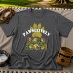 “Pawsitively Dog Mom” lettering in a camouflage treatment. On a Dark Heather Grey T-shirt.
