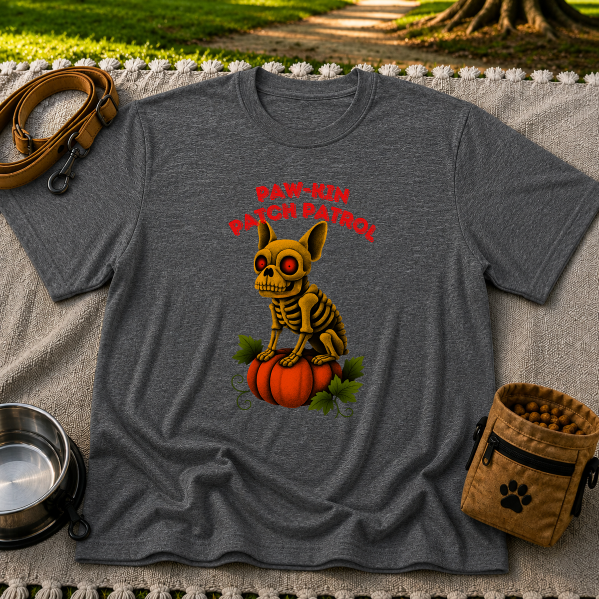 Paw-kin Patch Patrol Skeleton Frenchie Halloween design on a Dark Heather Grey T-shirt.