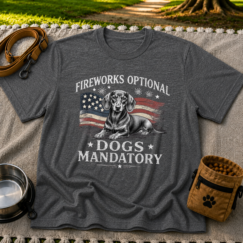 a Dachshund beside “Fireworks optional, dogs mandatory”. On a Dark Heather Grey T-shirt.