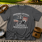 a Dachshund beside “Fireworks optional, dogs mandatory”. On a Dark Heather Grey T-shirt.