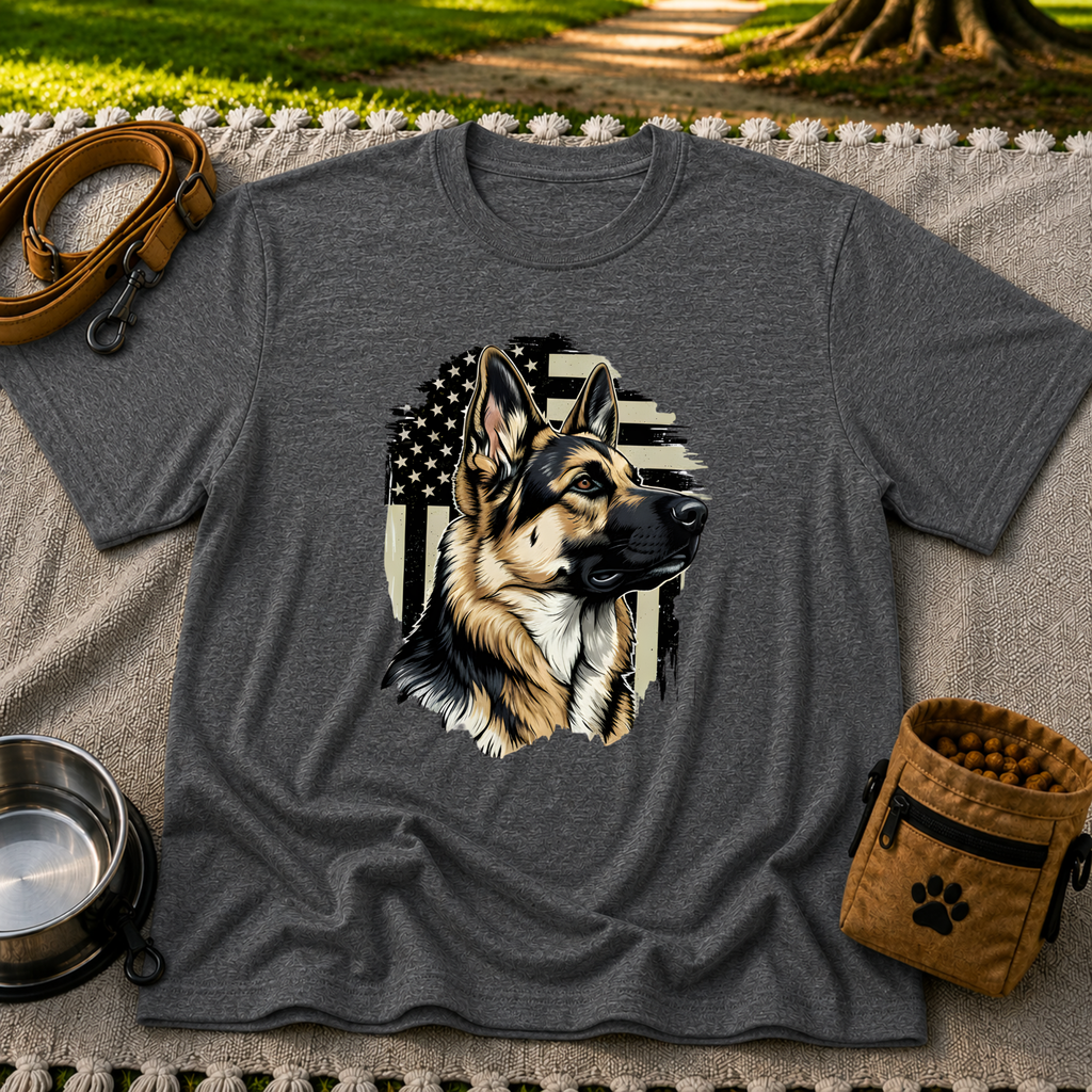 German Shepherd American Flag design on a Dark Heather Grey T-shirt.