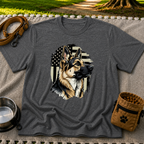 German Shepherd American Flag design on a Dark Heather Grey T-shirt.