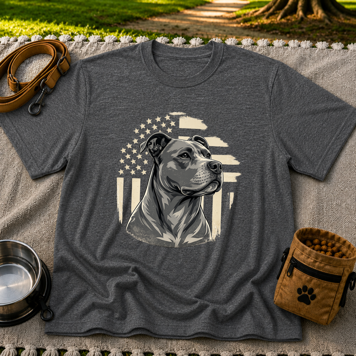 Patriotic Pit Bull Dog design on a Dark Heather Grey T-shirt.