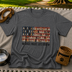 Dark Heather Grey T-shirt mockup featuring rows of dog portraits over an American flag with Dogs Make Life Good lettering.
