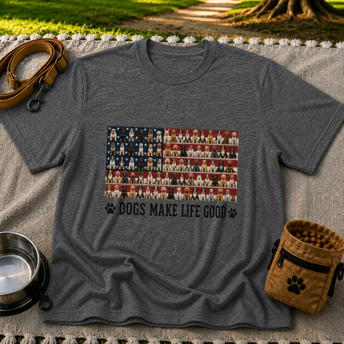 Dark Heather Grey T-shirt mockup featuring rows of dog portraits over an American flag with Dogs Make Life Good lettering.