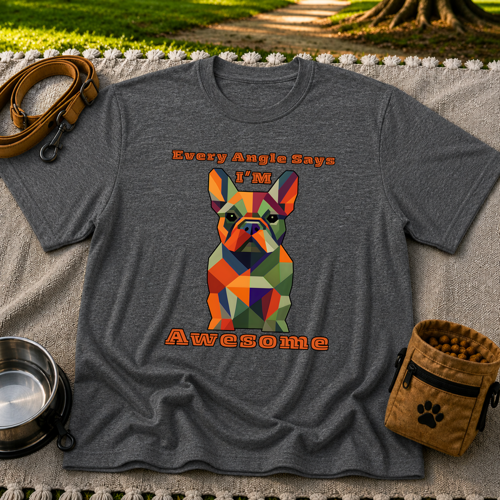 Dark Heather Grey T-shirt mockup featuring faceted multicolor French Bulldog portrait with Every Angle Says I’m Awesome lettering.