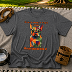Dark Heather Grey T-shirt mockup featuring faceted multicolor French Bulldog portrait with Every Angle Says I’m Awesome lettering.