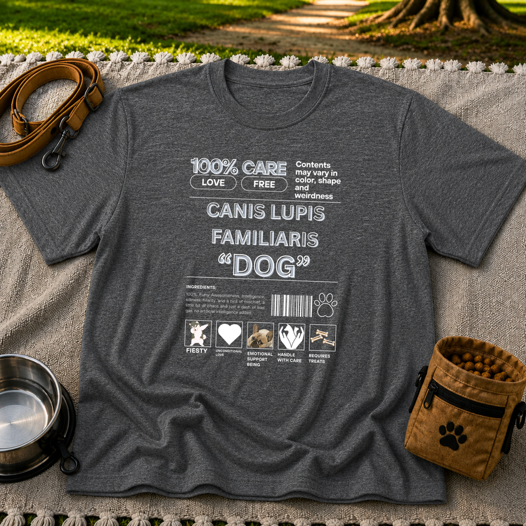 Dark Heather Grey T-shirt mockup featuring Canis Lupus Familiaris and Dog lettering in an infographic with small canine drawings.