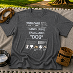 Dark Heather Grey T-shirt mockup featuring Canis Lupus Familiaris and Dog lettering in an infographic with small canine drawings.