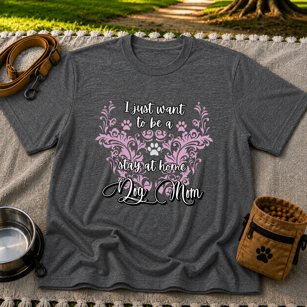 Stay at Home Dog Mom Pink design on a Dark Heather Grey T-shirt.