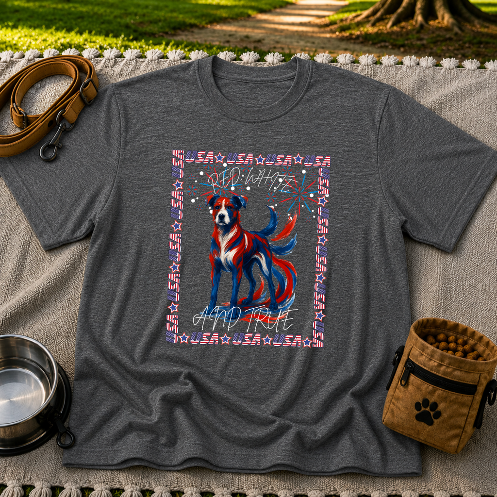 USA Fireworks Dog Lover design on a Dark Heather Grey T-shirt.