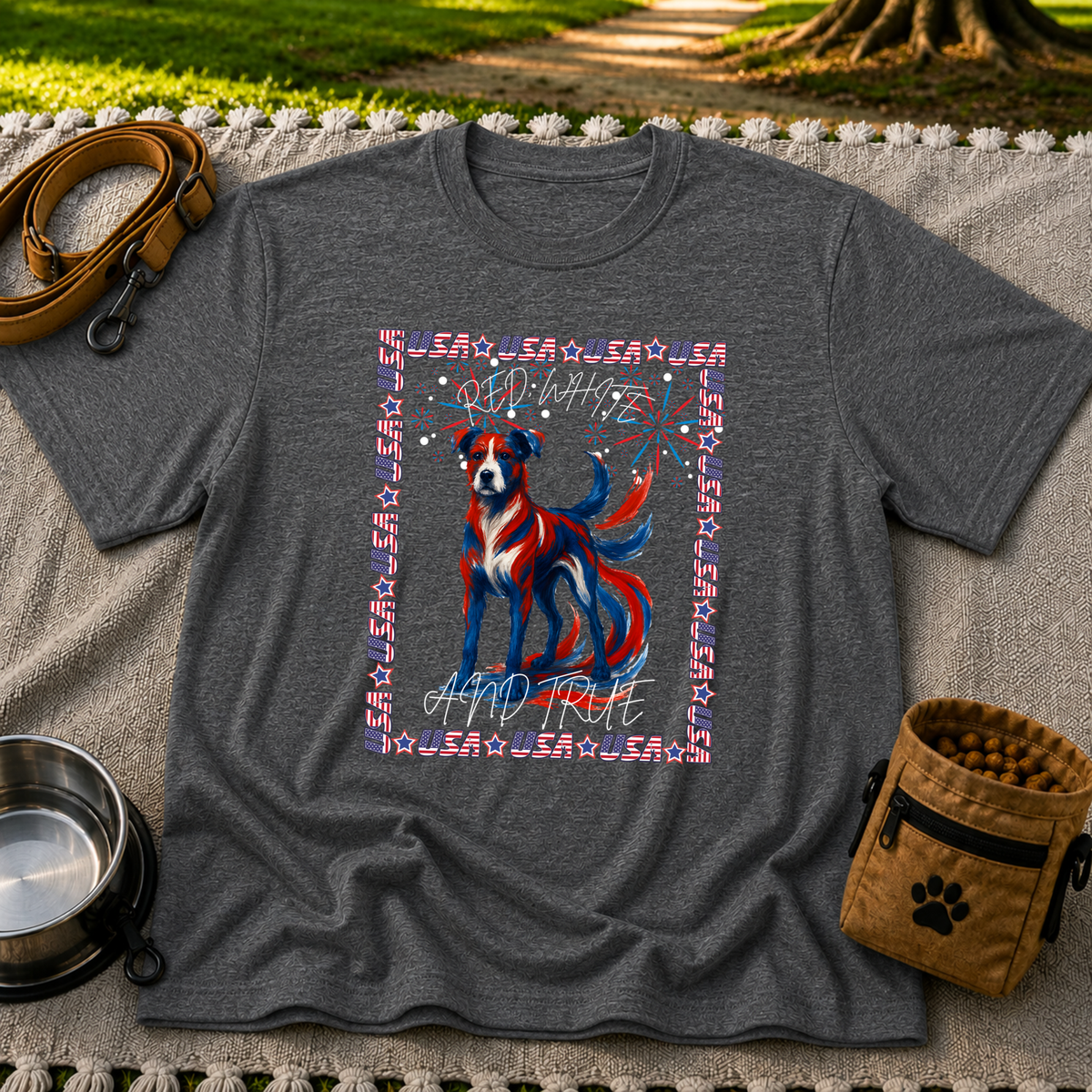 USA Fireworks Dog Lover design on a Dark Heather Grey T-shirt.
