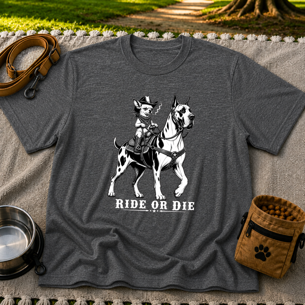 Dark Heather Grey T-shirt mockup featuring cowboy-hat Chihuahua riding a Great Dane above Ride or Die lettering.