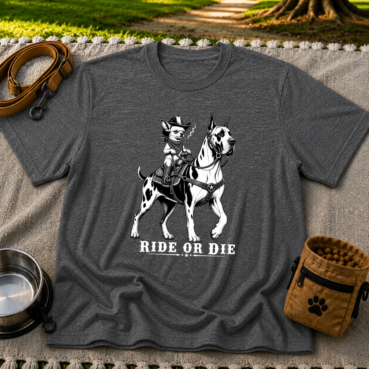 Dark Heather Grey T-shirt mockup featuring cowboy-hat Chihuahua riding a Great Dane above Ride or Die lettering.