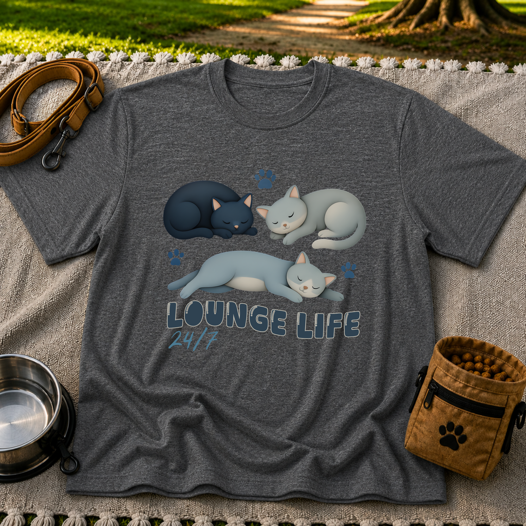 Lounge Life Cat design on a Dark Heather Grey T-shirt.